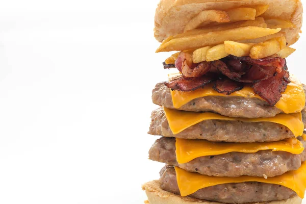 Hamburger Van Varkensvlees Varkensvlees Met Kaas Spek Frites Geïsoleerd Witte — Stockfoto