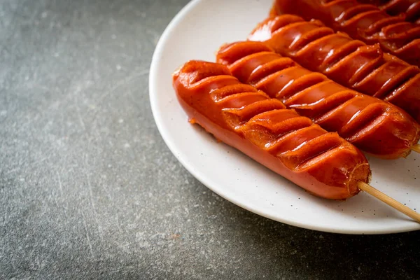 Fried Sausage Skewer White Plate — Stock Photo, Image