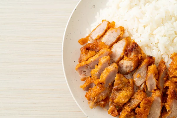 Fried Pork Topped Rice Spicy Dipping Sauce — Stock Photo, Image