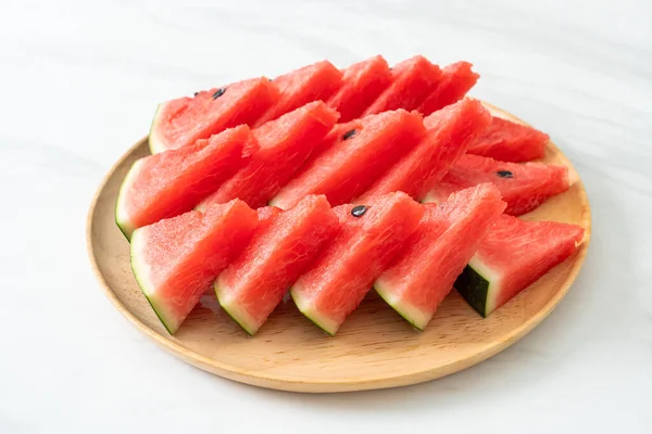 Fresh Watermelon Sliced Wooden Plate — Stock Photo, Image