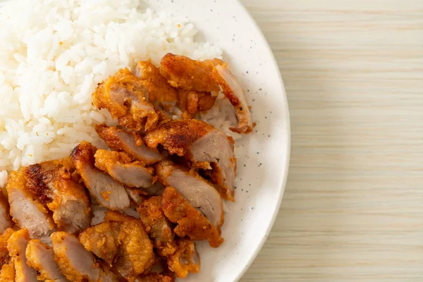 Cerdo Frito Cubierto Arroz Con Salsa Picante — Foto de Stock