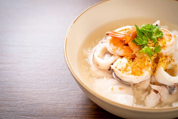 Mingau Sopa Arroz Cozido Com Frutos Mar Camarões Lulas Peixes — Fotografia de Stock