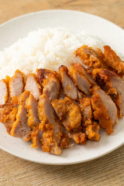 Fried Pork Topped Rice Spicy Dipping Sauce — Stock Photo, Image