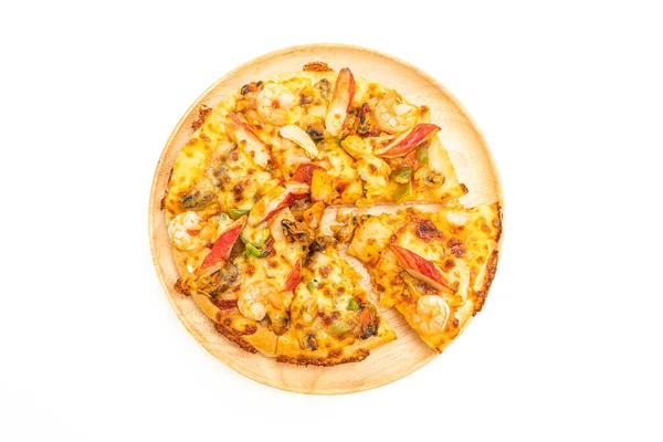 Seafood Pizza Wood Tray Isolated White Background — Stock Photo, Image