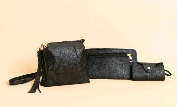 Schwarze Lederhandtasche Und Schwarze Lederkartentasche — Stockfoto