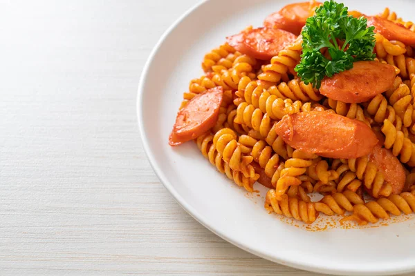 Spiral Spirali Pasta Tomato Sauce Sausage Italian Food Style — Stock Photo, Image