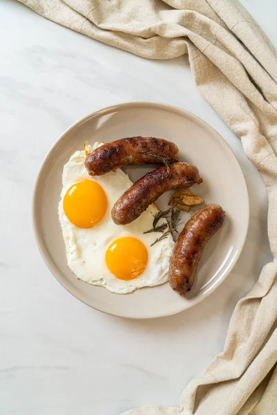 Homemade Double Fried Egg Fried Pork Sausage Breakfast — Stock Photo, Image