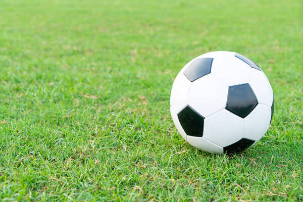 Футбольный мяч на заднем плане футбольного поля с копировальным пространством