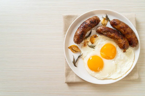 Homemade Double Fried Egg Fried Pork Sausage Breakfast — Stock Photo, Image