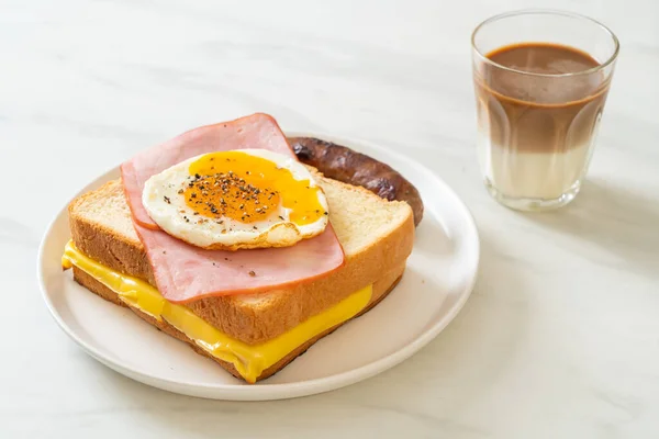 Homemade Bread Toasted Cheese Topped Ham Fried Egg Pork Sausage — Stock Photo, Image