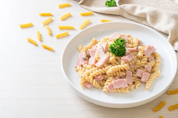 Spirali Spiral Pasta Mushroom Cream Sauce Ham Italian Food Style — Stock Photo, Image