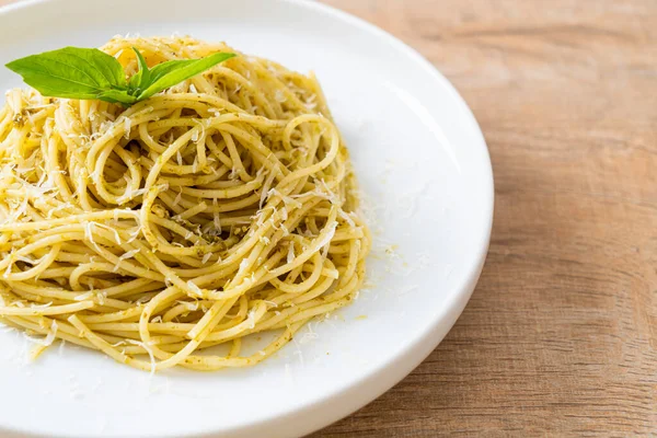 Pesto Spagetti Tészta Vegetáriánus Ételek Olasz Ételstílus — Stock Fotó