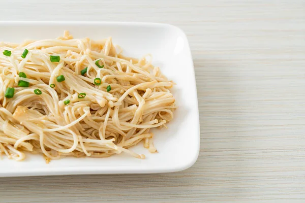 Stir Fried Golden Needle Mushroom Butter White Plate — Stock Photo, Image