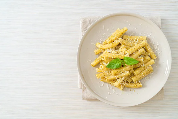 Pesto Rigatoni Pasta Parmesan Cheese Italian Food Vegetarian Food Style — Stock Photo, Image