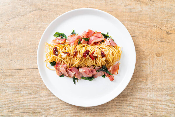 Homemade Stir-Fried Spaghetti With Dried Chili And Bacon