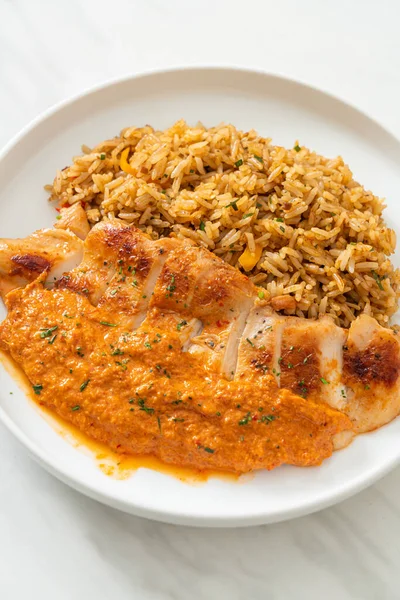 Grilled Chicken Steak Red Curry Sauce Rice Muslim Food Style — Stock Photo, Image