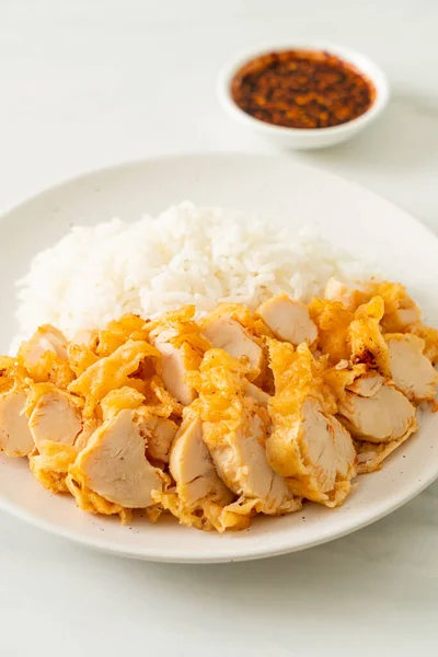 Fried Chicken Topped Rice Spicy Dipping Sauce — Stock Photo, Image