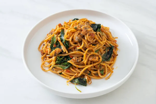 Stir Fried Spaghetti Clam Chilli Paste Fusion Food Style — Stock Photo, Image