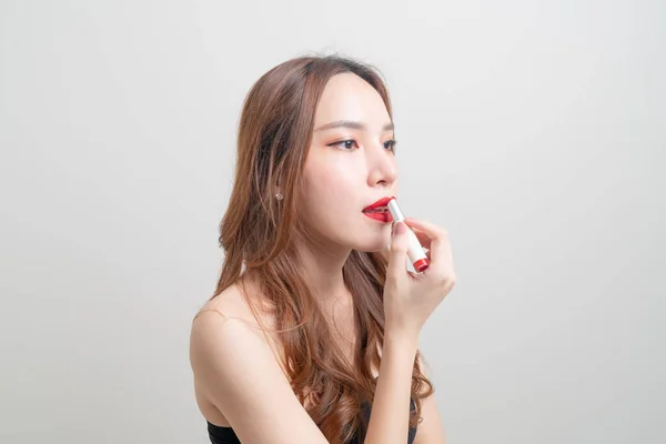 Porträt Schöne Asiatische Frau Make Und Mit Rotem Lippenstift Auf — Stockfoto