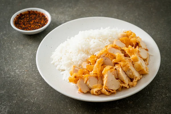 Fried Chicken Topped Rice Spicy Dipping Sauce — Stock Photo, Image