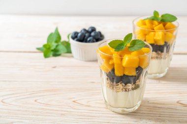 Ev yapımı taze mango ve yoğurt ve granola ile taze yaban mersini. Sağlıklı yemek tarzı.
