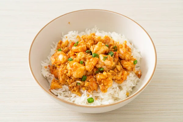 Camarones Fritos Con Ajo Camarones Pasta Tazón Arroz —  Fotos de Stock