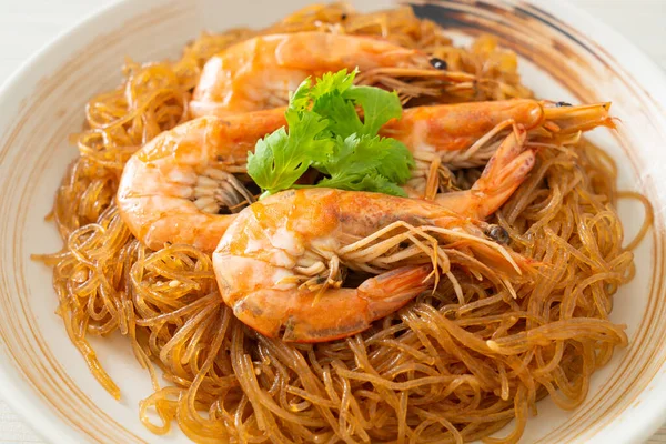 Camarones Cazuela Horno Con Fideos Vidrio Camarones Maceta Con Vermicelli —  Fotos de Stock