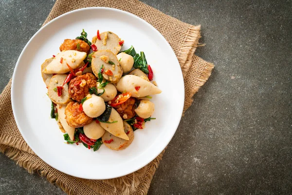 Spicy Stir Fried Fish Balls Herbs — Stock Photo, Image