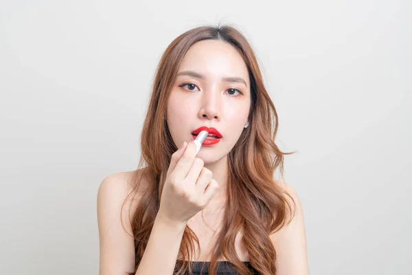 Porträt Schöne Asiatische Frau Make Und Mit Rotem Lippenstift Auf — Stockfoto