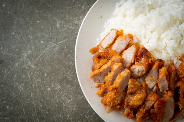 Babi Goreng Ditaburi Nasi Dengan Saus Pedas — Stok Foto