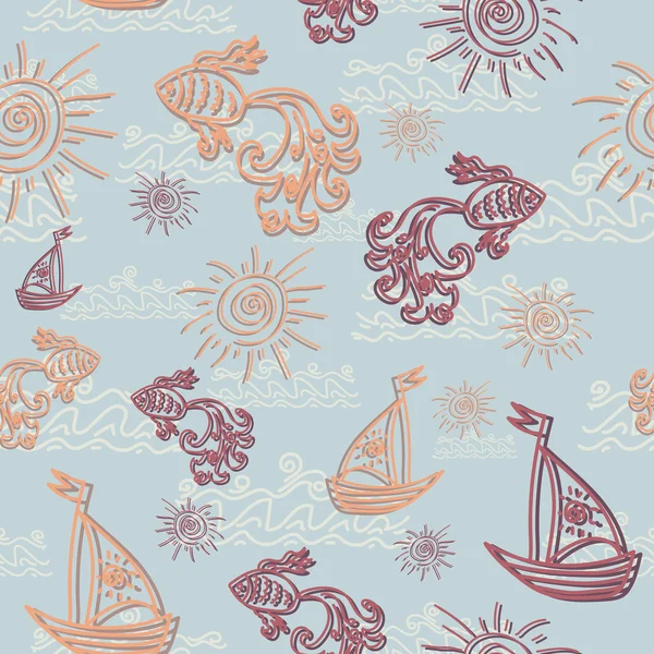 Vector seamless pattern with fish, sun and boat. — Stock Vector