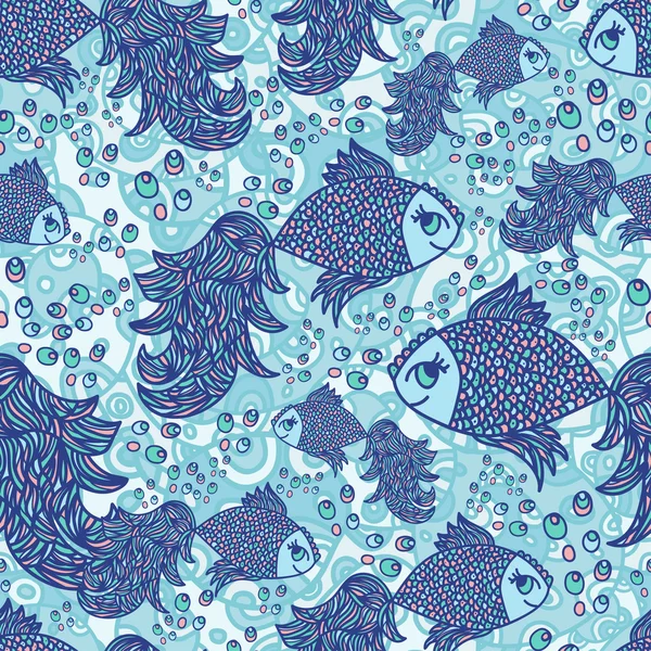 Fish and bubbles.Hand-drawn. Vector seamless pattern. — Stock Vector