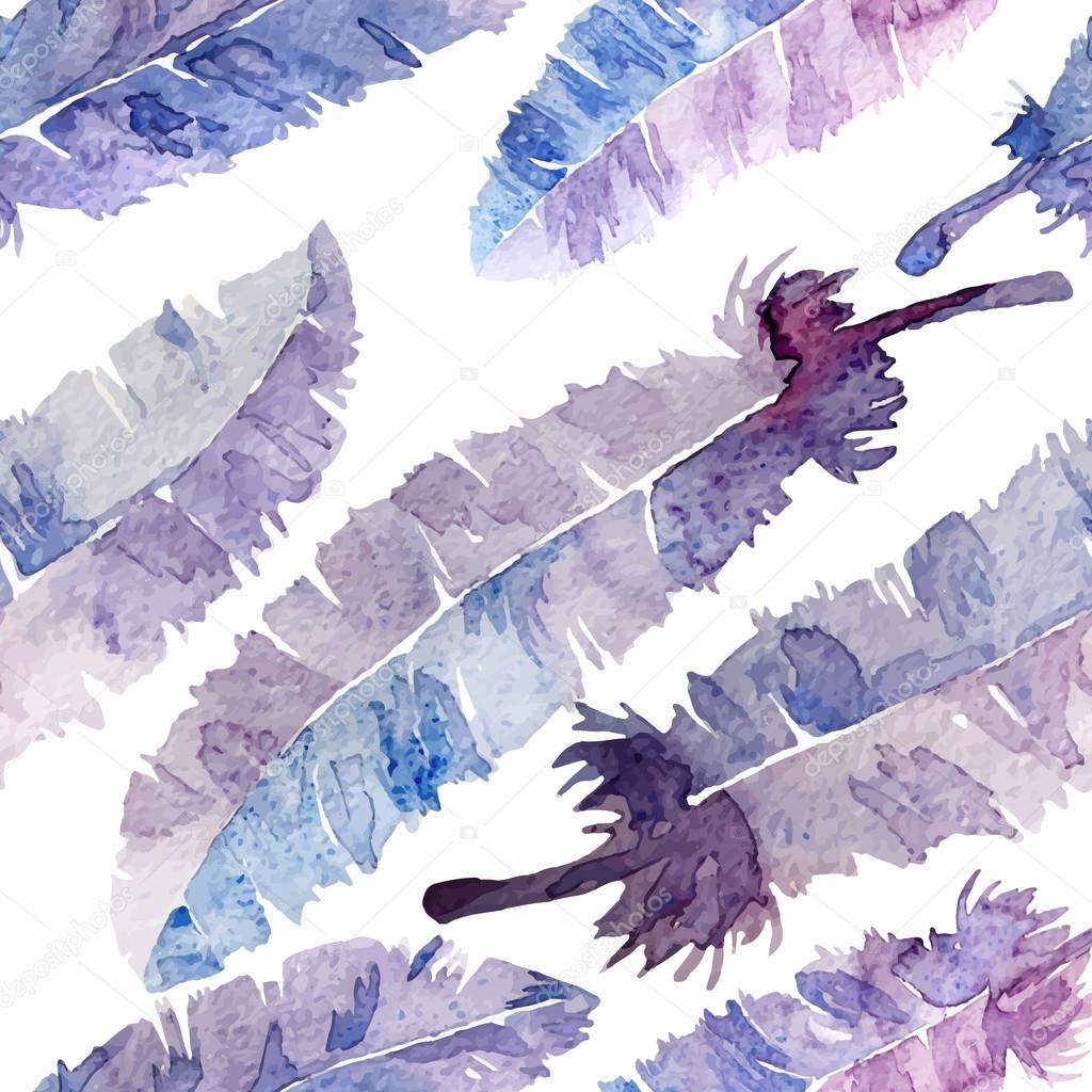 Watercolor feathers seamless pattern.