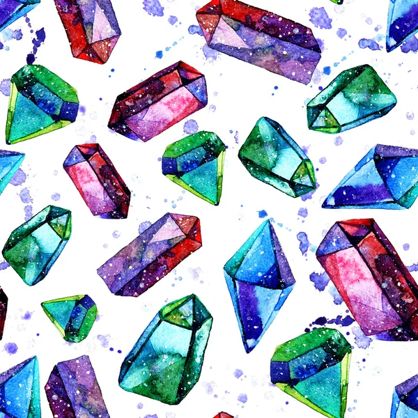 Ilustração aquarela de cristais de diamante padrão sem costura — Fotografia de Stock