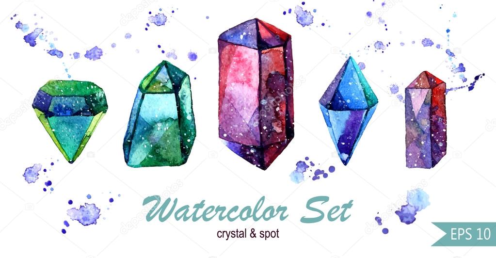 Watercolor set of crystals and spots. Isoleted groups