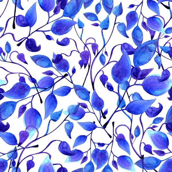 Ręcznie malowane akwarela blue pozostawia kwiatowy wzór — Zdjęcie stockowe