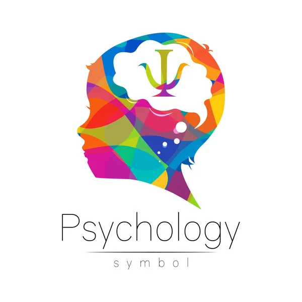 Cabeza de logotipo moderno con letra Psi dentro del cerebro. Signo de logotipo de la psicología. Perfil humano. Estilo creativo. Símbolo en vector. Concepto de diseño. Color arco iris aislado en blanco. Icono para web, — Vector de stock