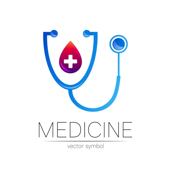 Stethoscoop met cross vector logotype in blauwe en violette kleur. Medisch symbool voor arts, kliniek, ziekenhuis en diagnose. Modern concept voor logo of identiteitsstijl. Teken gezondheid. geïsoleerd op wit. — Stockvector