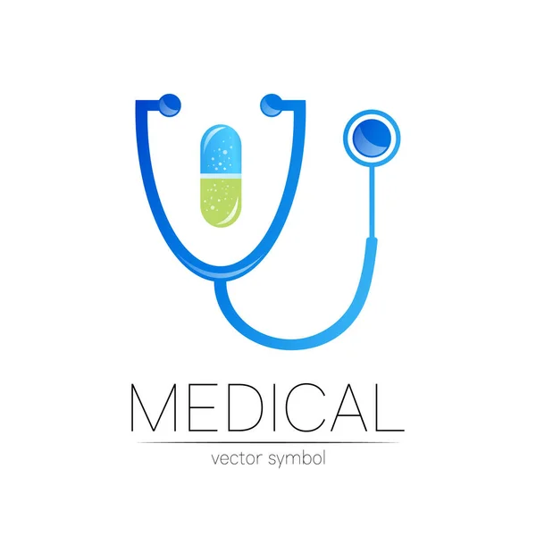 Stethoscoop, capsule pil vector logotype in blauwe kleur. Medisch symbool voor arts, kliniek, ziekenhuis en diagnose. Modern concept voor logo of identiteitsstijl. Een teken van gezondheid. geïsoleerd op wit . — Stockvector