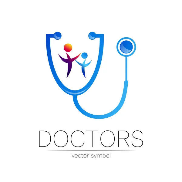 Stethoskop a lidé vektorový logotyp v modré, fialové barvě. Lékařský symbol pro lékaře, kliniku, nemocnici a diagnostiku. Moderní koncept pro logo nebo styl identity. Známka zdraví. Izolováno na bílém. — Stockový vektor