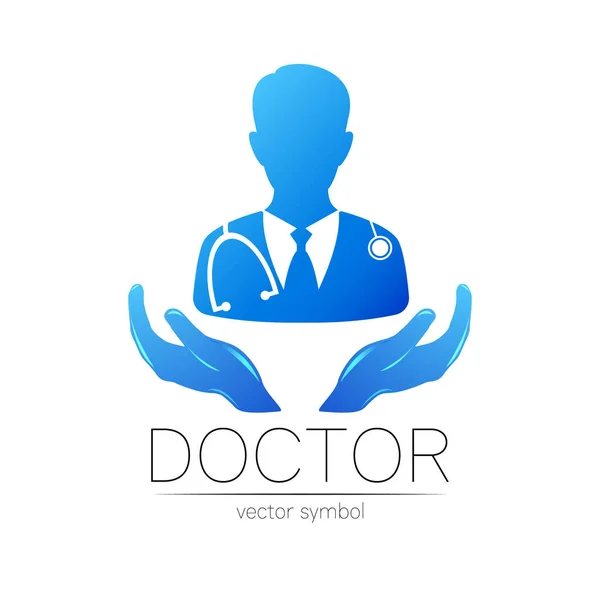 닥터와 손 벡터 로고 타입은 파란색이다. 실루엣 의대생 이야. 진료소, 병원, 건강, 의약품 및 사업을 위한 로고. 흰색으로 분리되어 있다. 웹의 기본, 정체성의 현대적 인 스타일. — 스톡 벡터