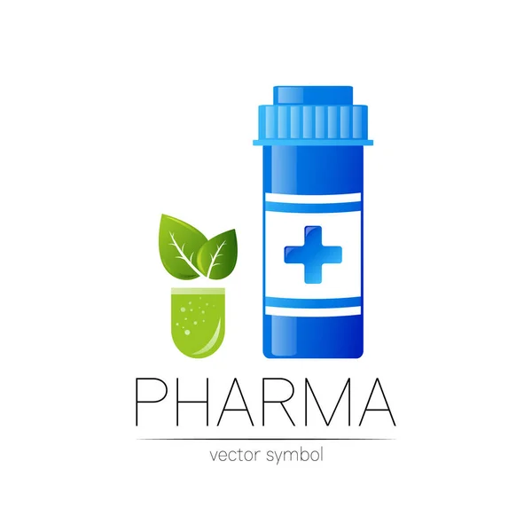 Medycyna Jar Vector Logo Symbol Butelka medyczna w stylu płaskim Pill Design Element do apteki z liściem organicznym — Wektor stockowy