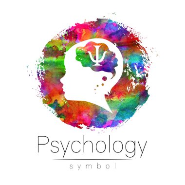 Gökkuşağı suluboya çemberinde psikoloji işareti olan çocuk logosu. Siluet profili insan kafası. İnsanlar, çocuklar, otizm, çocuklar, terapi, klinik, eğitim için kavram logosu. Beyaz üzerine izole edilmiş şablon