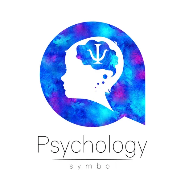 Barnlogotyp med psykologtecken i blå akvarellcirkel. Silhuett profil mänskligt huvud. Begreppslogotyp för människor, barn, autism, barn, terapi, klinik, utbildning. Mall isolerad på vitt — Stockfoto