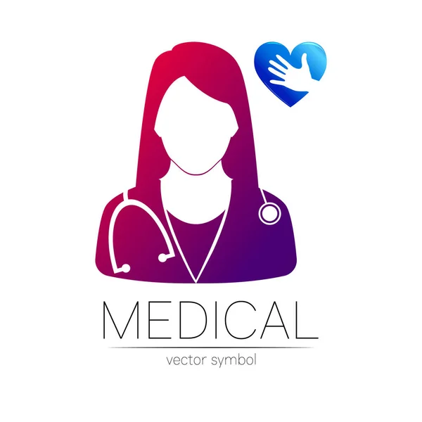 Kvinnlig läkare med hjärta och hand vektor logotyp. Medicinsk identitet och koncept. Logotyp för klinik, medicinsk, apotek, online chat, företag, sjukvård. Silhuett i violett gradient färg på vitt. — Stock vektor