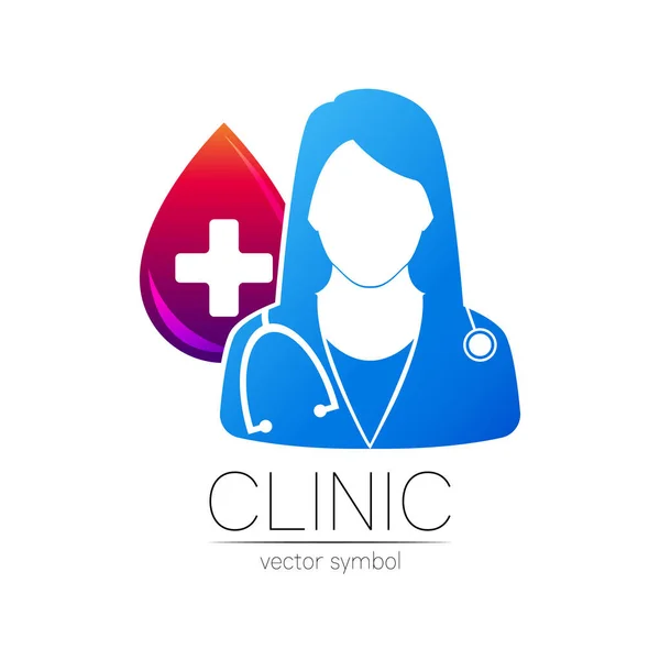 Női orvos vektor logotípus. Orvosi identitás és koncepció. Logó klinika, orvosi, gyógyszertár, online chat, üzlet, egészségügyi ellátás. Sziluett kék gradiens színben. Nagy csepp vörös vér és kereszt — Stock Vector