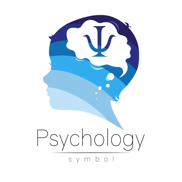 Child logotype in vector with brain and psychology sign in few blue colors. Silhouette profile human head. Concept logo for people, children, autism, kids, therapy, clinic, education. Template symbol — Stock Vector