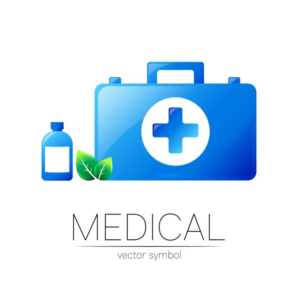 Símbolo da medicina do vetor do logotipo dos primeiros socorros com caso do saco de ajuda e cruz para o ícone dos cuidados de saúde para o hospital — Vetor de Stock