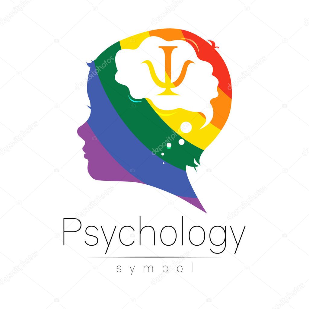 Modern logo head with letter Psi inside brain . Logotype sign of Psychology. Profile Human. Creative style. Symbol in vector. Design concept. Rainbow color isolated on white. Icon for web,