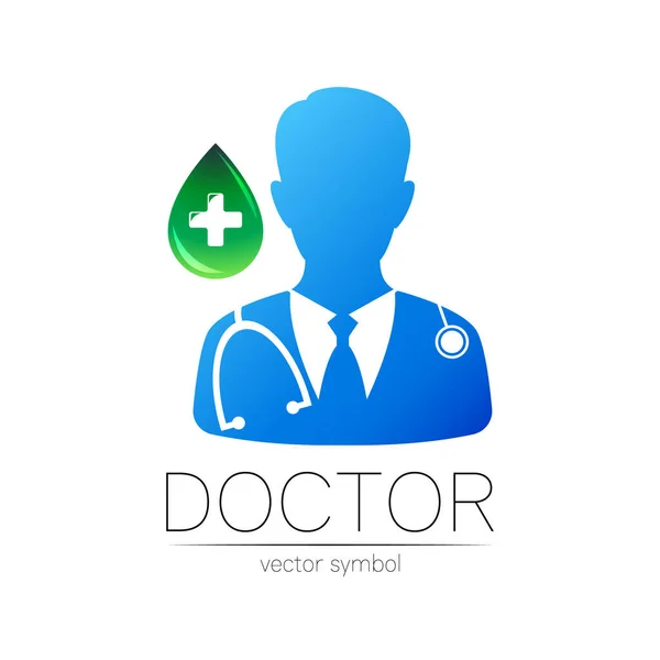 Läkare vektor logotyp i blå färg med grön droppe och kors. Silhuett läkare. Logotyp för klinik, sjukhus, hälsa, medicin och företag. Mall för webben, identitet modern stil. — Stock vektor